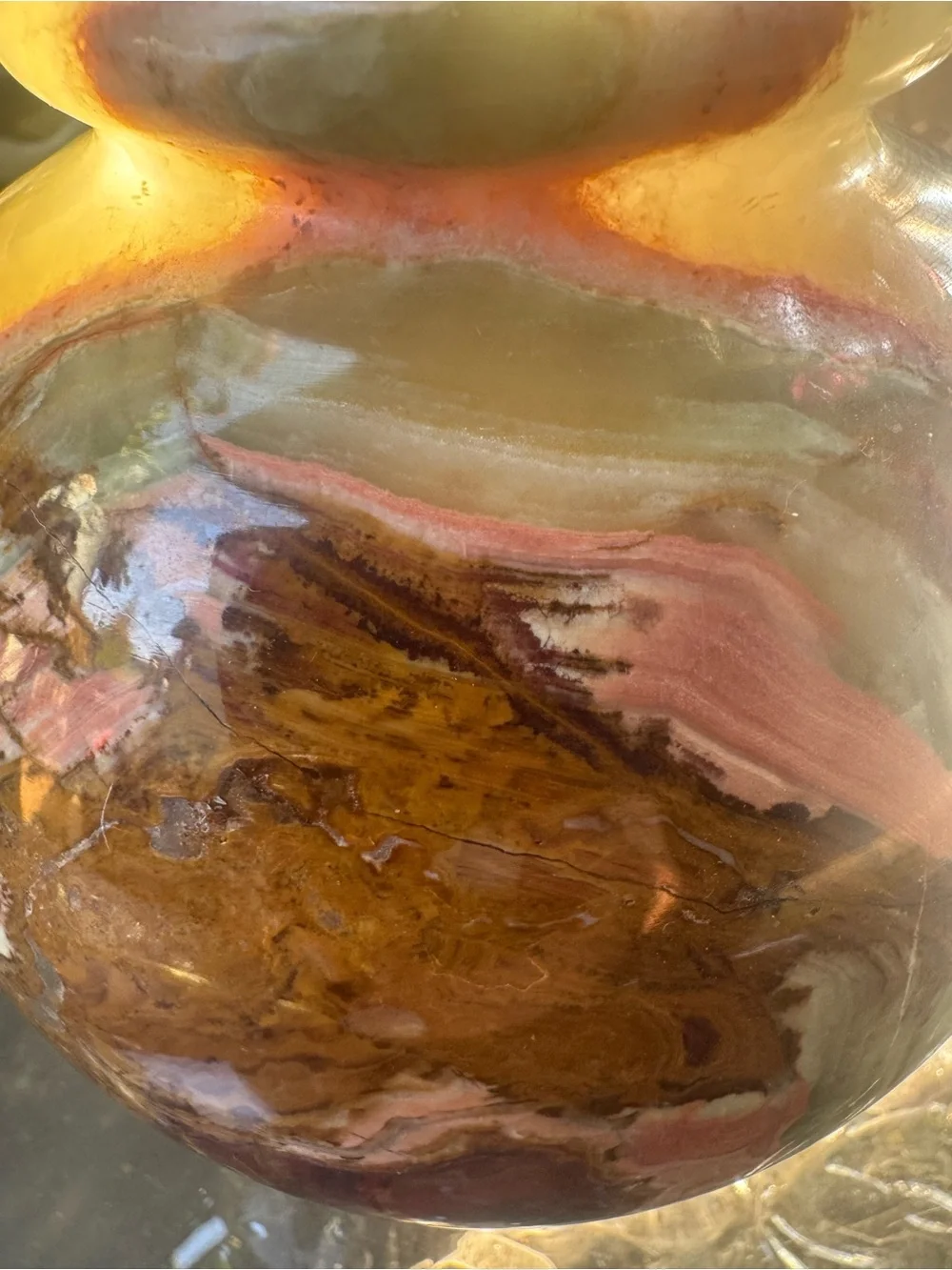 Vintage Polychrome Onyx Stone Vase in Pink, Brown & Green